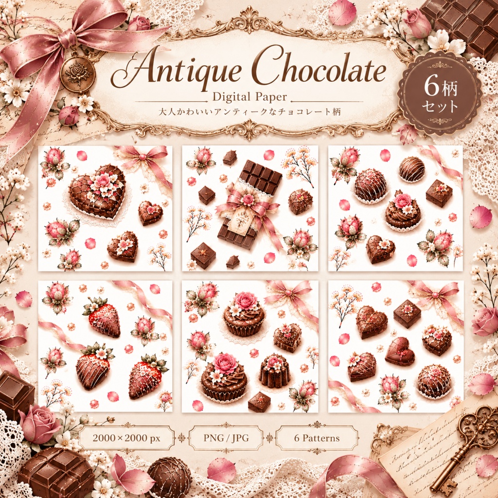 【デジタルペーパー6柄】Antique Chocolate｜アンティーク チョコレート・くすみピンク・バレンタイン・大人かわいい｜商用利用OK