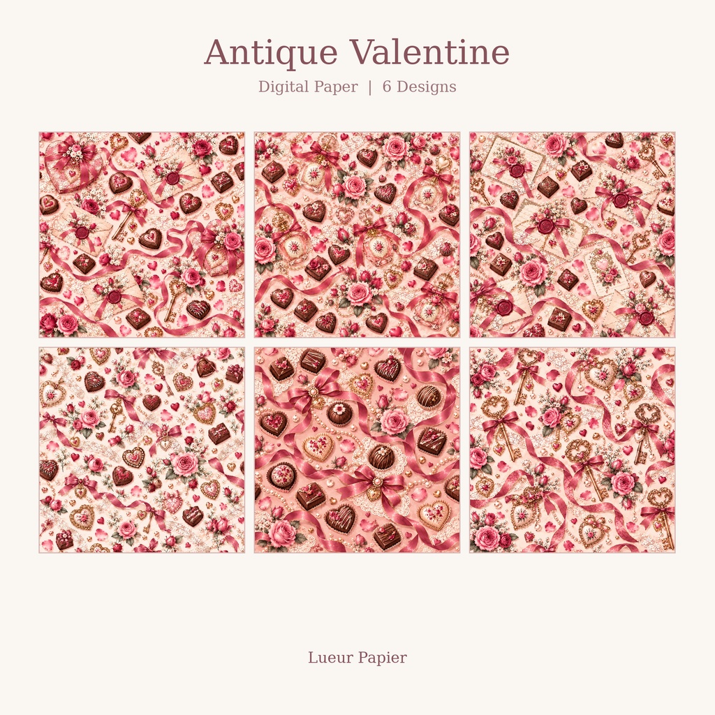 【デジタルペーパー6柄】Antique Valentine｜アンティーク バレンタイン・くすみピンク・薔薇・チョコレート・コラージュ素材