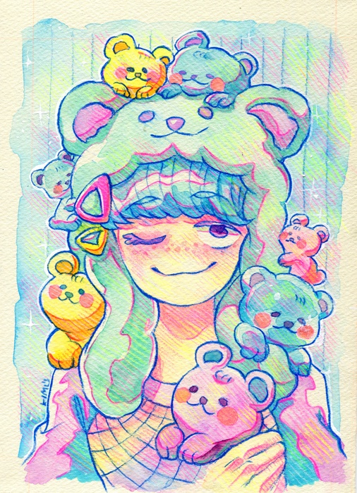 【原画】展示販売中　もこふわくまちゃん＜ブルー＞