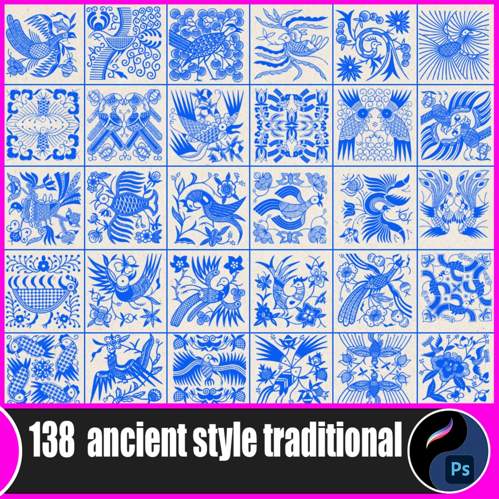 古風な伝統文様と鳥スタンプ138種 | Procreate & PS
