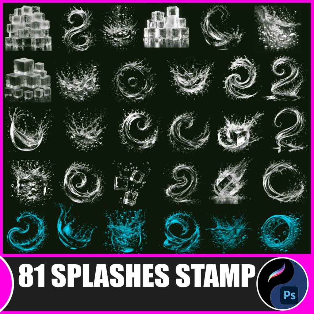 81種類の水しぶき＆氷スタンプブラシセット - Photoshop & Procreate対応