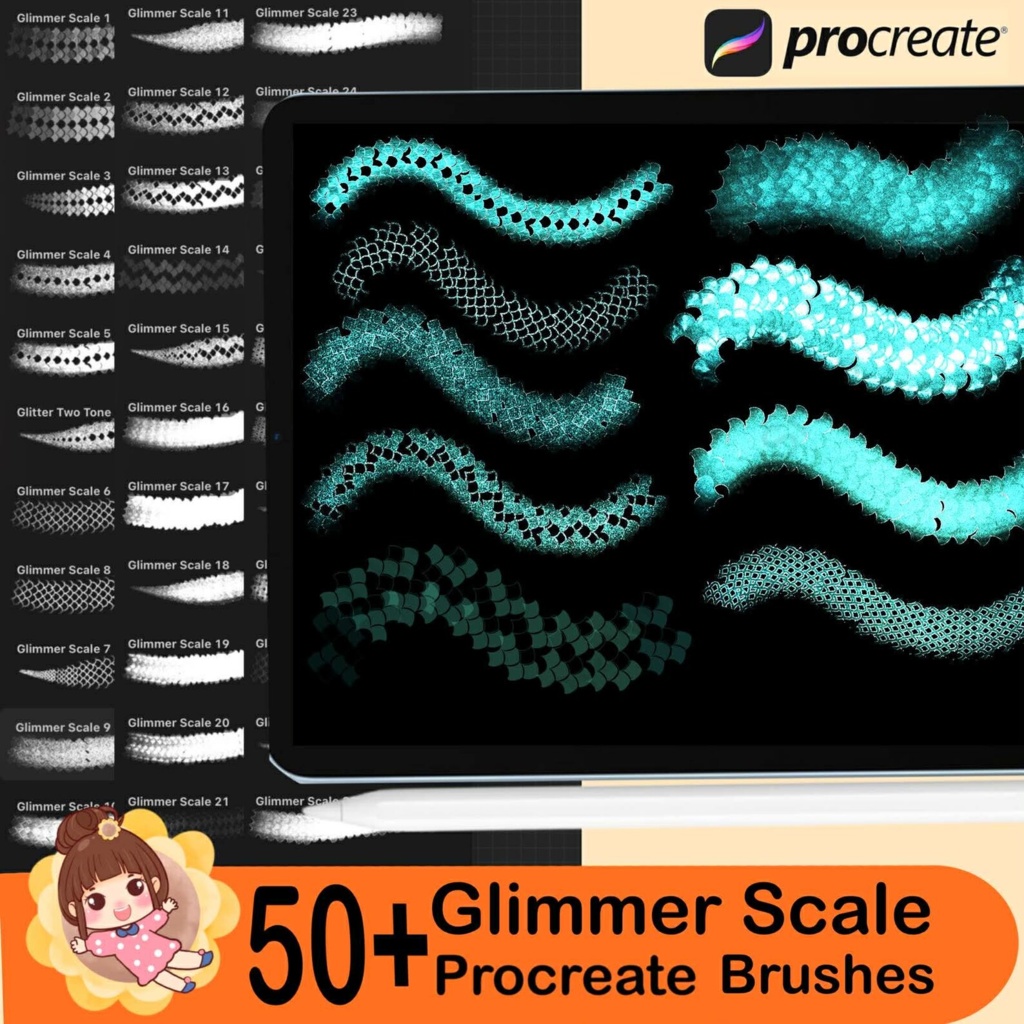 Procreate用グリマースケールブラシ50種類以上 – 人魚、魚、蛇、ドラゴンの鱗の質感、