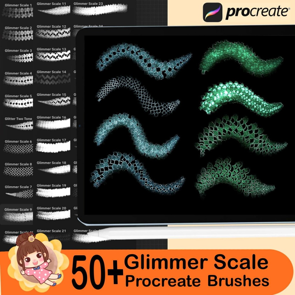 Procreate用グリマースケールブラシ50種類以上 – 人魚、魚、蛇、ドラゴンの鱗の質感、