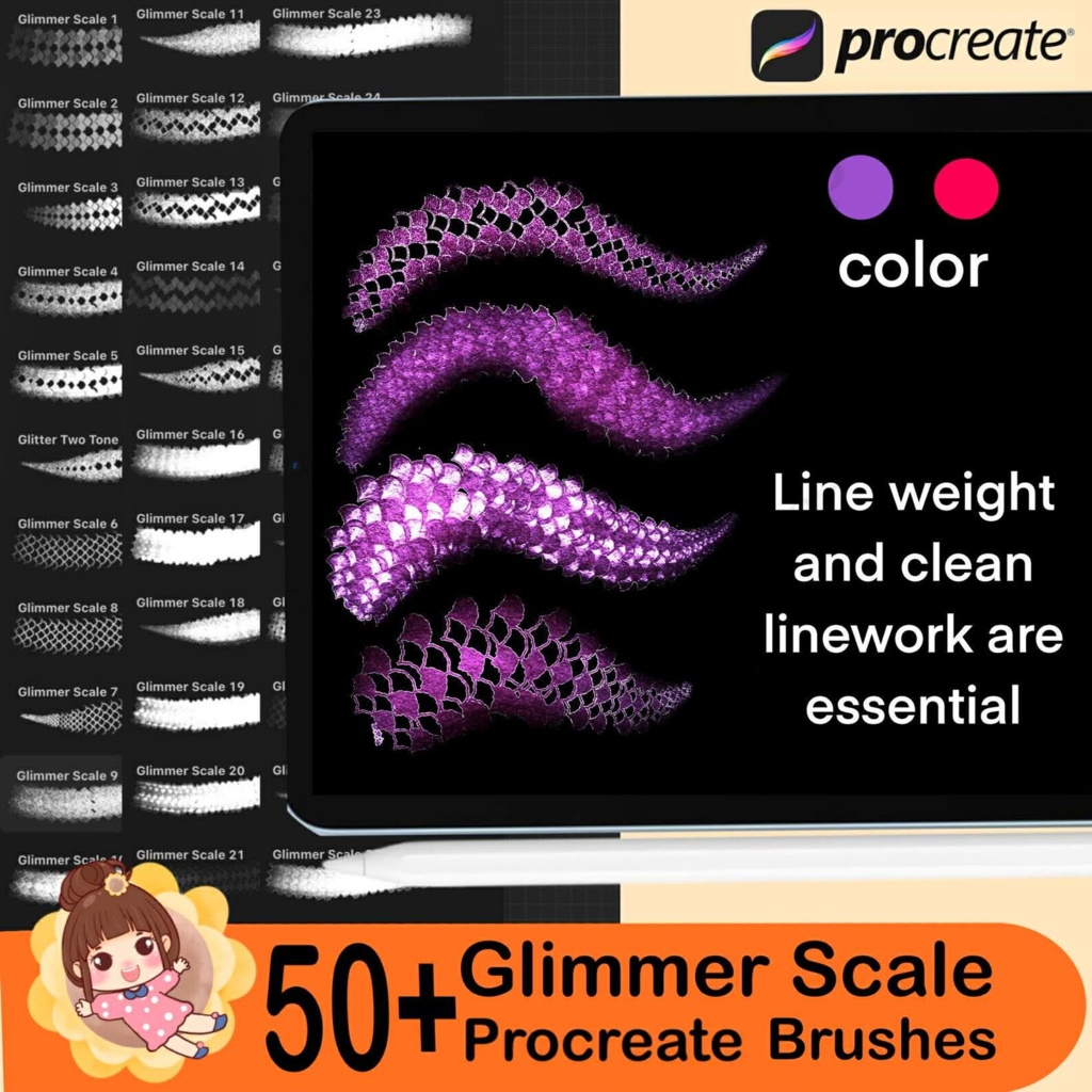Procreate用グリマースケールブラシ50種類以上 – 人魚、魚、蛇、ドラゴンの鱗の質感、
