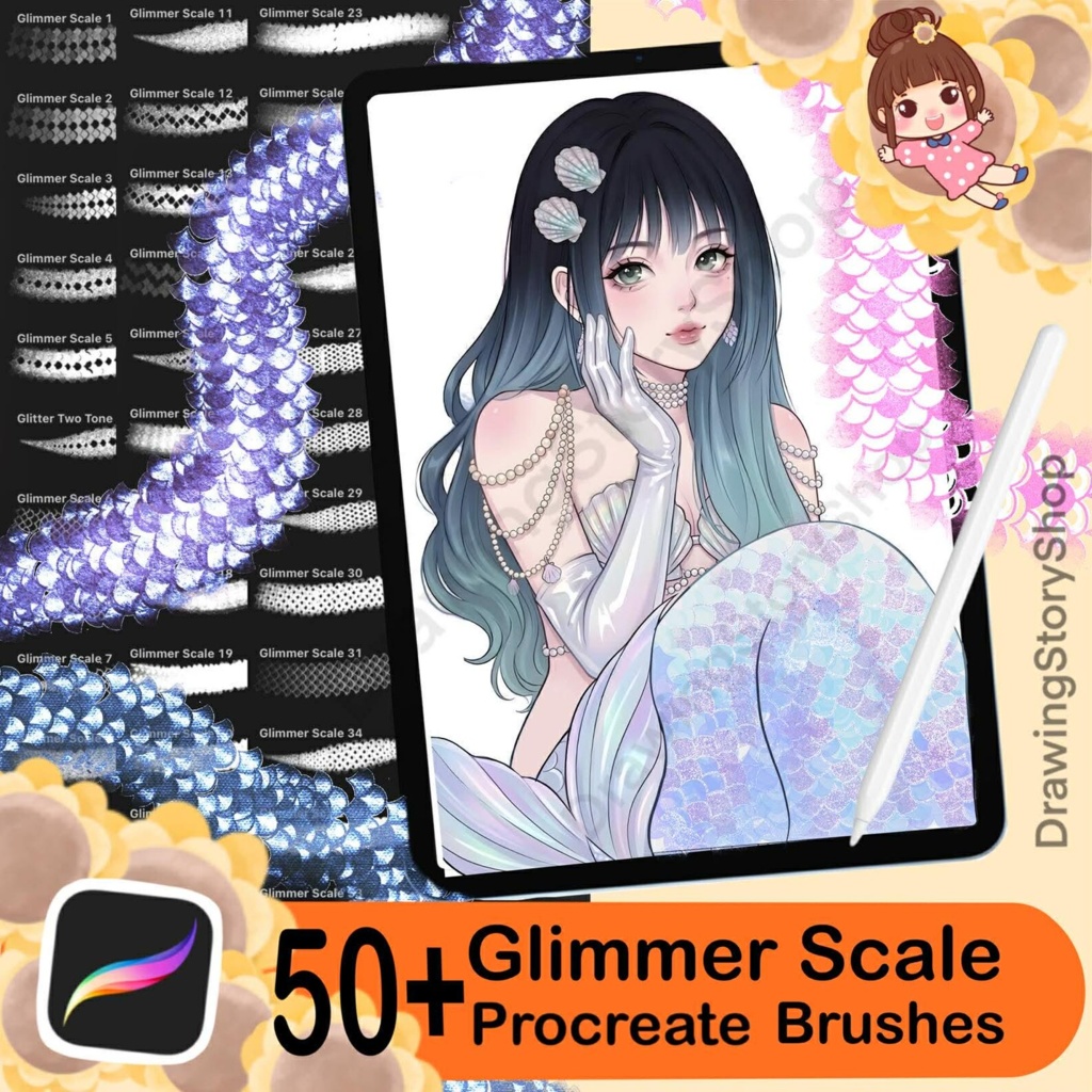 Procreate用グリマースケールブラシ50種類以上 – 人魚、魚、蛇、ドラゴンの鱗の質感、