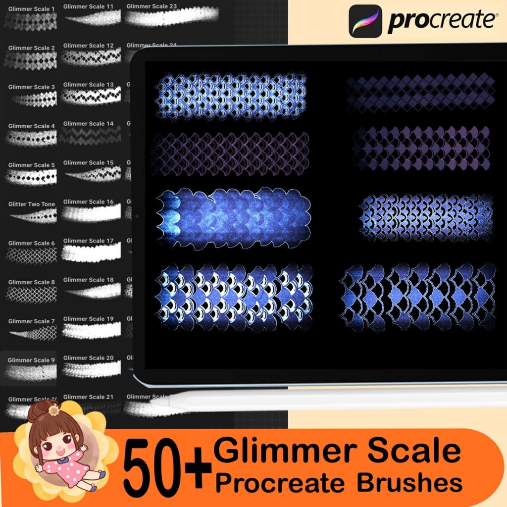 Procreate用グリマースケールブラシ50種類以上 – 人魚、魚、蛇、ドラゴンの鱗の質感、
