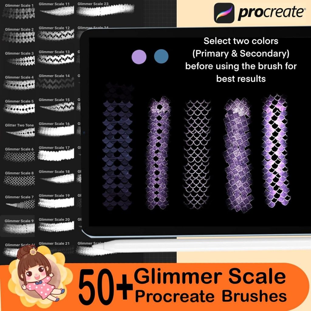 Procreate用グリマースケールブラシ50種類以上 – 人魚、魚、蛇、ドラゴンの鱗の質感、