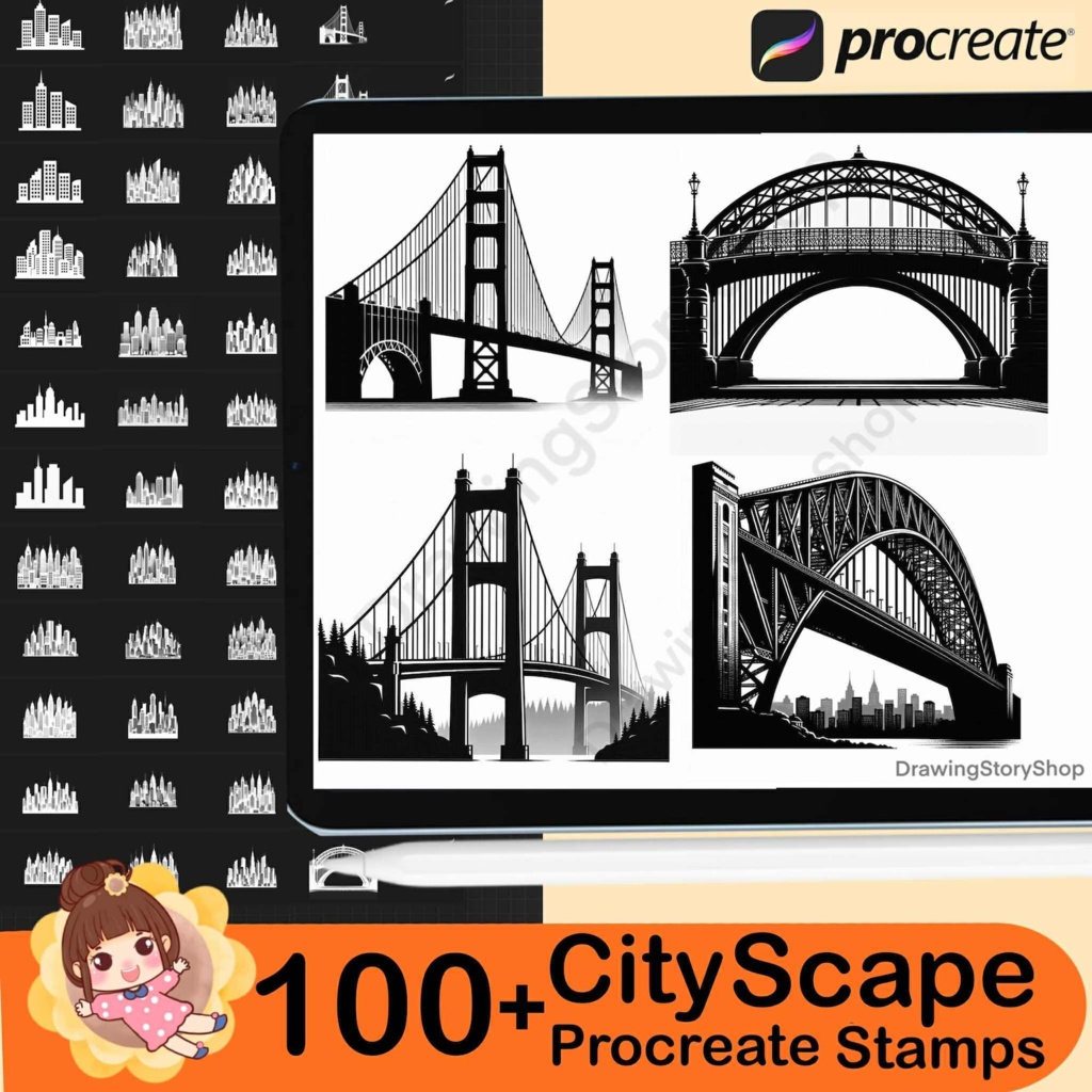Procreate用都市景観スタンプ100種類以上、ブラシセット(家、高層ビル、ビルのフロア、夜景シルエット)