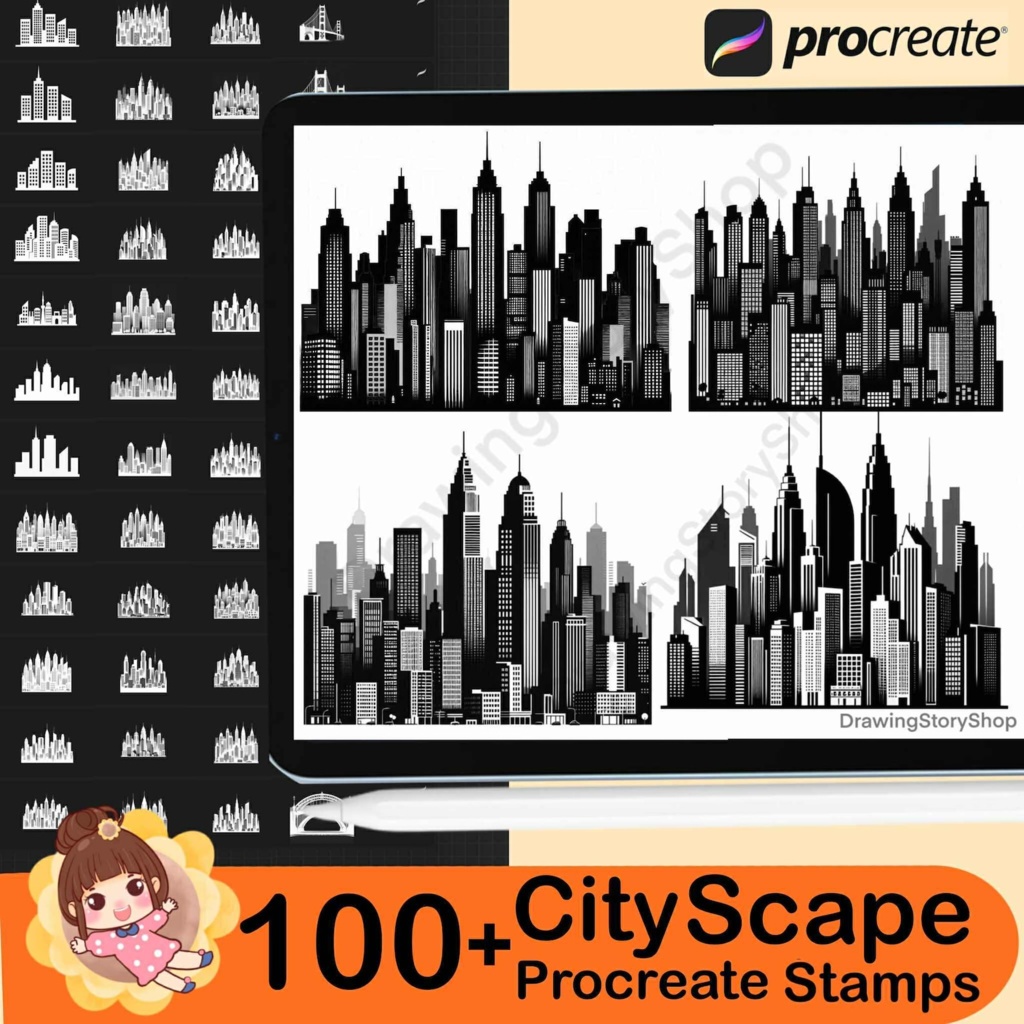 Procreate用都市景観スタンプ100種類以上、ブラシセット(家、高層ビル、ビルのフロア、夜景シルエット)