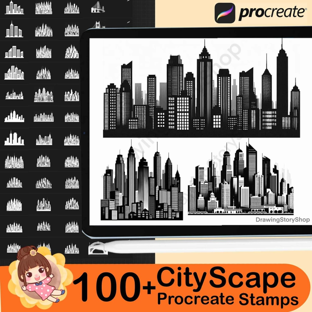 Procreate用都市景観スタンプ100種類以上、ブラシセット(家、高層ビル、ビルのフロア、夜景シルエット)
