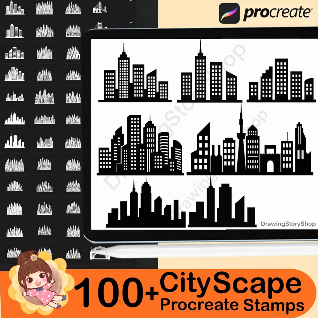 Procreate用都市景観スタンプ100種類以上、ブラシセット(家、高層ビル、ビルのフロア、夜景シルエット)