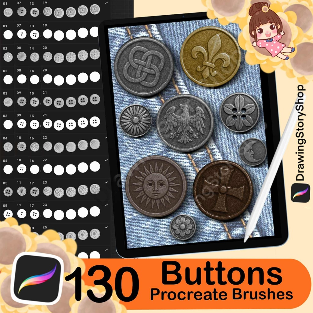 Procreate用メタルボタンスタンプブラシ130種類 | アニメ・マンガ風ファッションデザインボタン