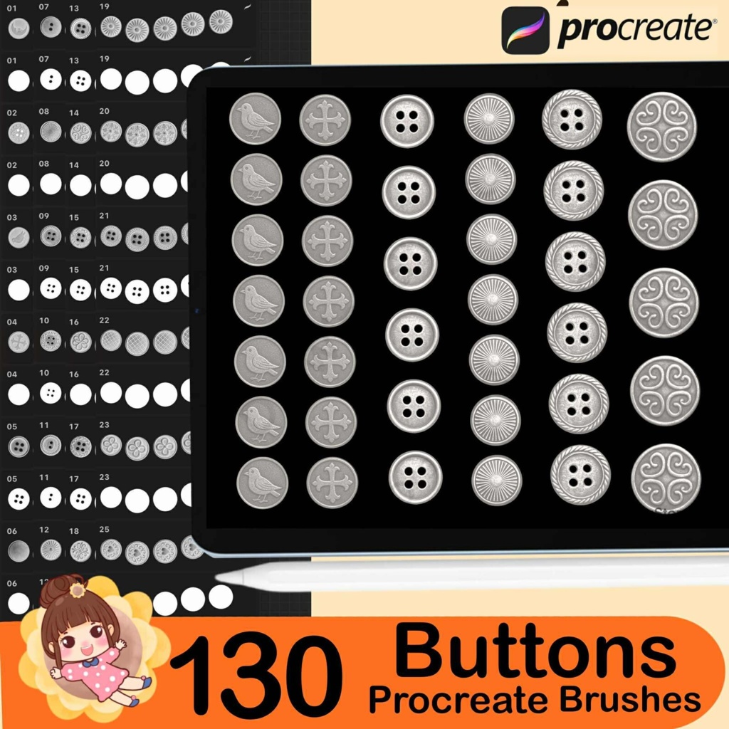 Procreate用メタルボタンスタンプブラシ130種類 | アニメ・マンガ風ファッションデザインボタン