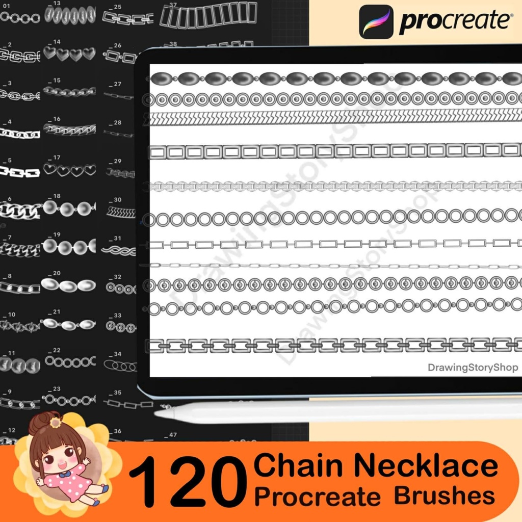 Procreate用チェーン&ネックレスブラシ120種類 | リアルなジュエリーラインアート | デジタルダウンロード