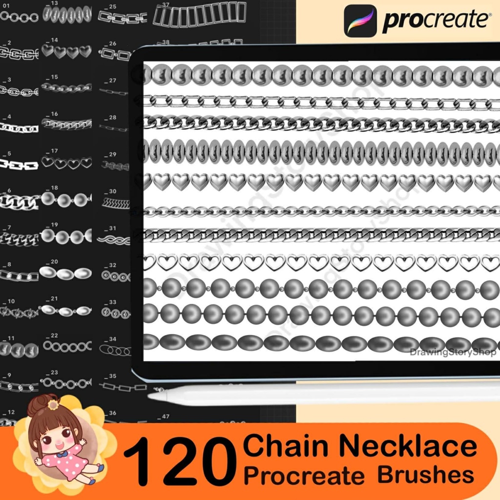 Procreate用チェーン&ネックレスブラシ120種類 | リアルなジュエリーラインアート | デジタルダウンロード