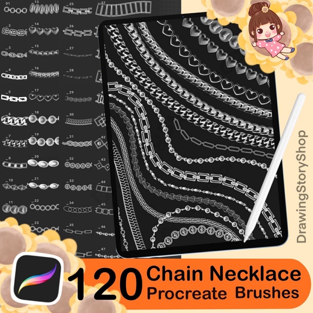 Procreate用チェーン＆ネックレスブラシ120種類 | リアルなジュエリーラインアート | デジタルダウンロード
