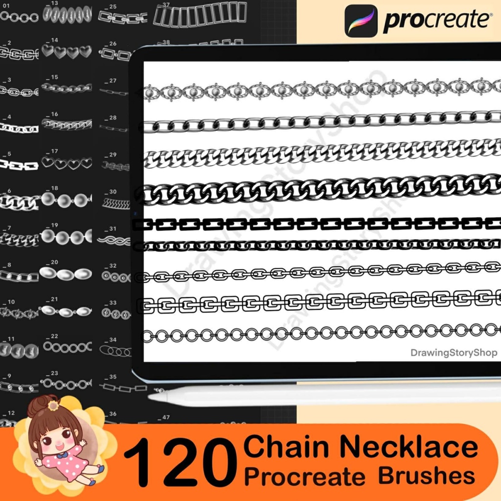 Procreate用チェーン&ネックレスブラシ120種類 | リアルなジュエリーラインアート | デジタルダウンロード