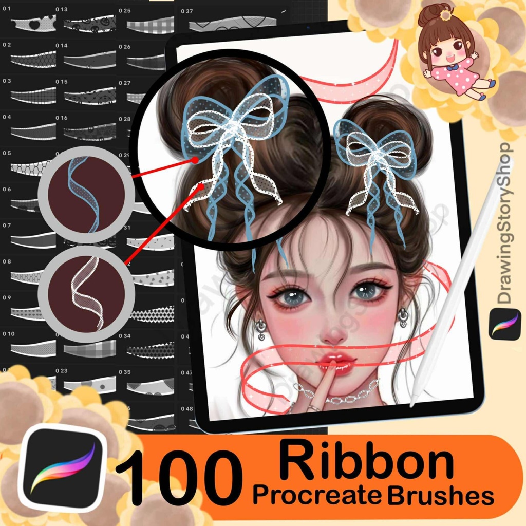 Procreate用リボンブラシ100種類 | リボン、ボウ、デコレーションスタンプセット