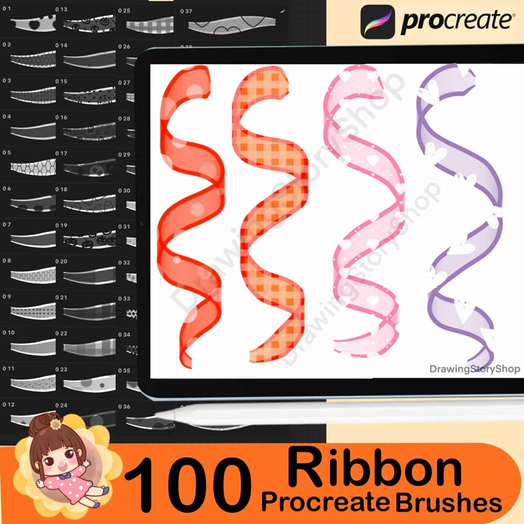 Procreate用リボンブラシ100種類 | リボン、ボウ、デコレーションスタンプセット