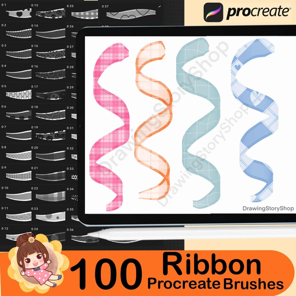 Procreate用リボンブラシ100種類 | リボン、ボウ、デコレーションスタンプセット