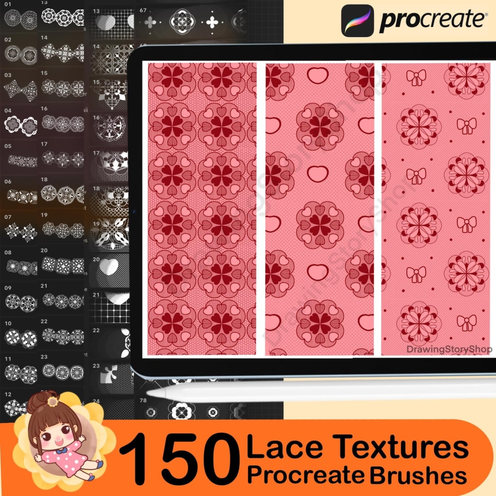 Procreate用レーステクスチャ150種類、Procreate用シームレスレースブラシ、Procreate用フィッシュネットテクスチャ