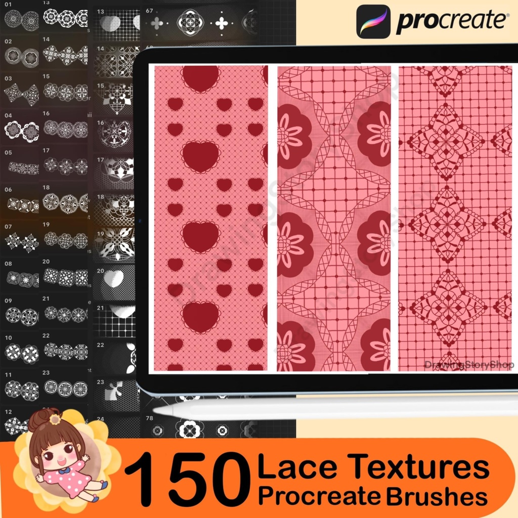 Procreate用レーステクスチャ150種類、Procreate用シームレスレースブラシ、Procreate用フィッシュネットテクスチャ