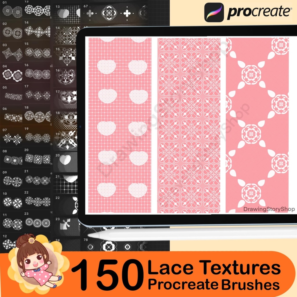Procreate用レーステクスチャ150種類、Procreate用シームレスレースブラシ、Procreate用フィッシュネットテクスチャ