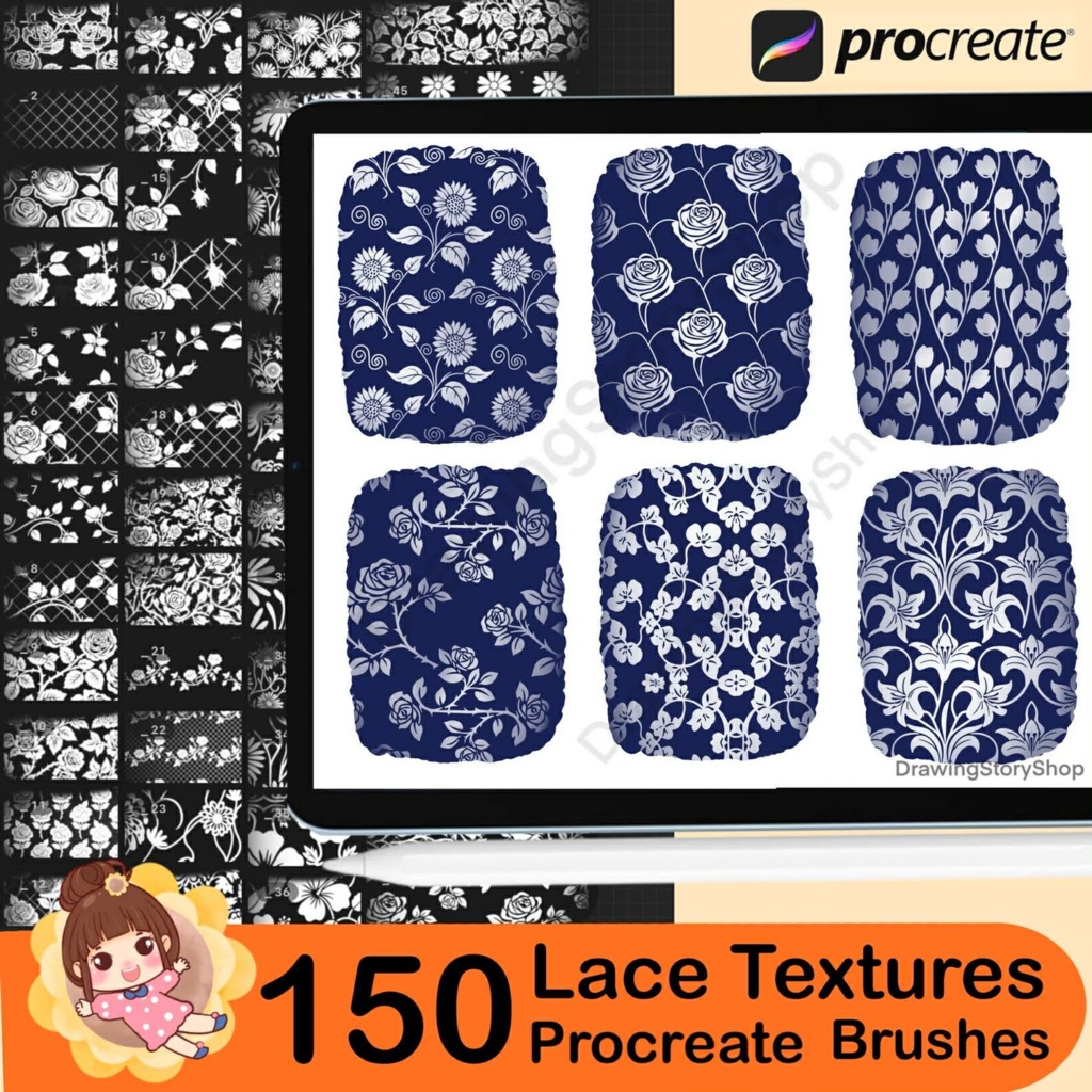 Procreate用レーステクスチャブラシ150種類 | シームレスレース&フィッシュネットパターン