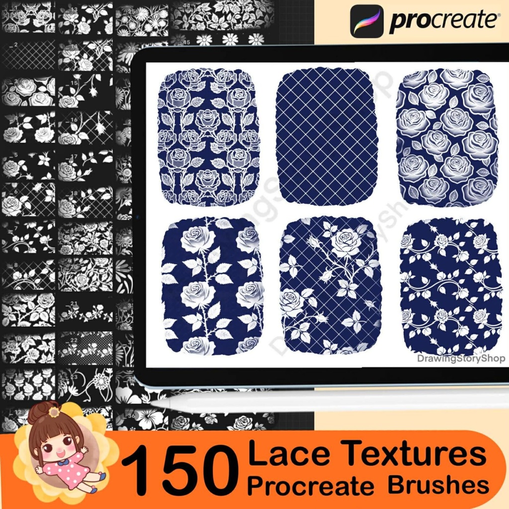 Procreate用レーステクスチャブラシ150種類 | シームレスレース&フィッシュネットパターン
