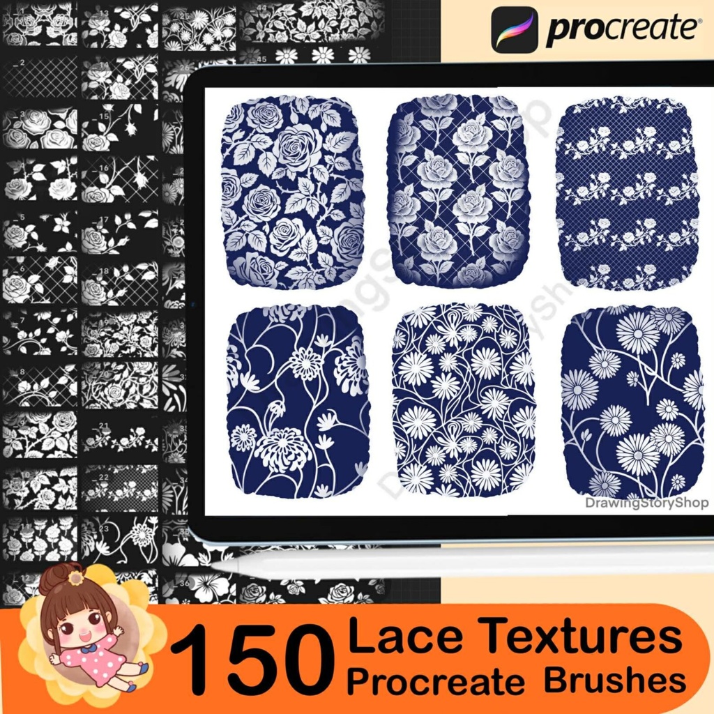 Procreate用レーステクスチャブラシ150種類 | シームレスレース&フィッシュネットパターン