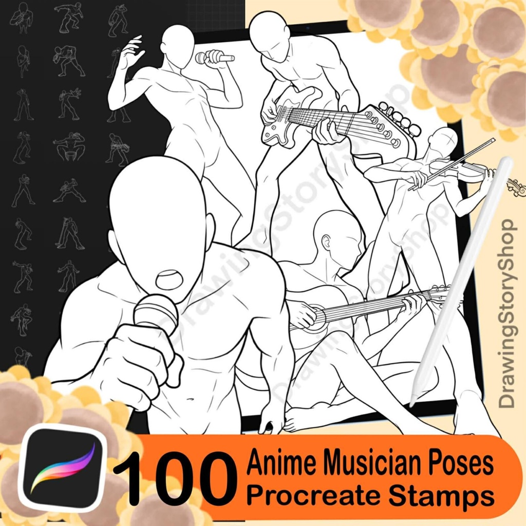 Procreate用ミュージシャンポーズスタンプ100種類 – アニメ風シンガー、ギター、バイオリン、ピアノ演奏ポーズ
