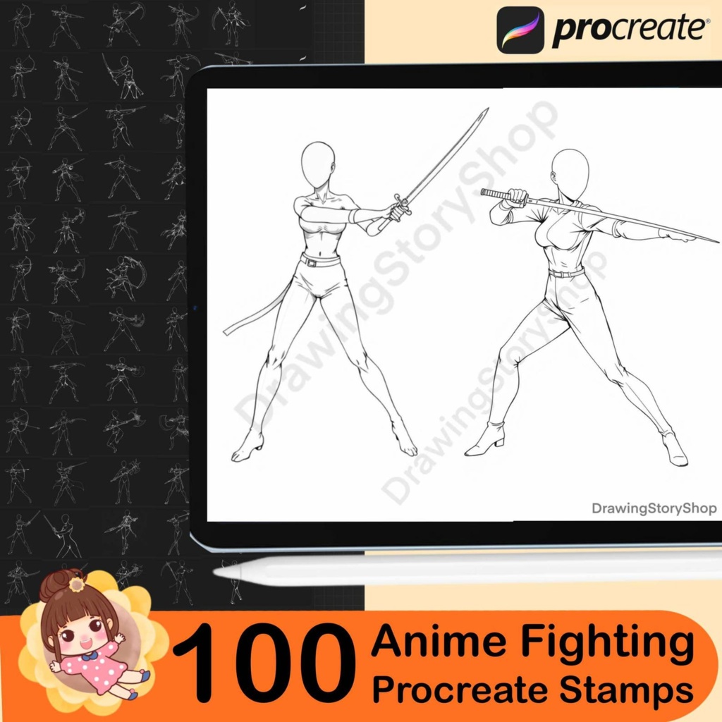 Procreate用戦闘スタンプブラシ100種類、Procreateアニメ戦闘ポーズ、Procreate線画スタンプセット。