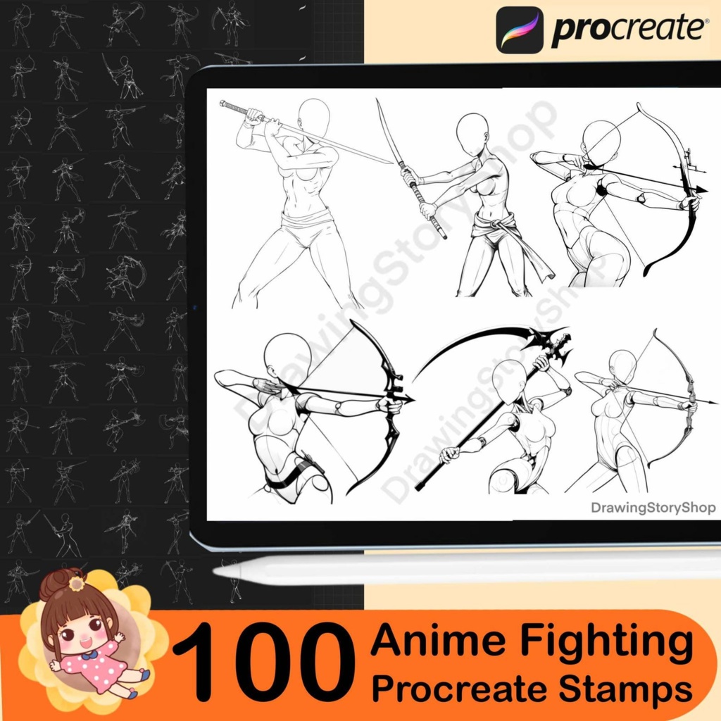 Procreate用戦闘スタンプブラシ100種類、Procreateアニメ戦闘ポーズ、Procreate線画スタンプセット。
