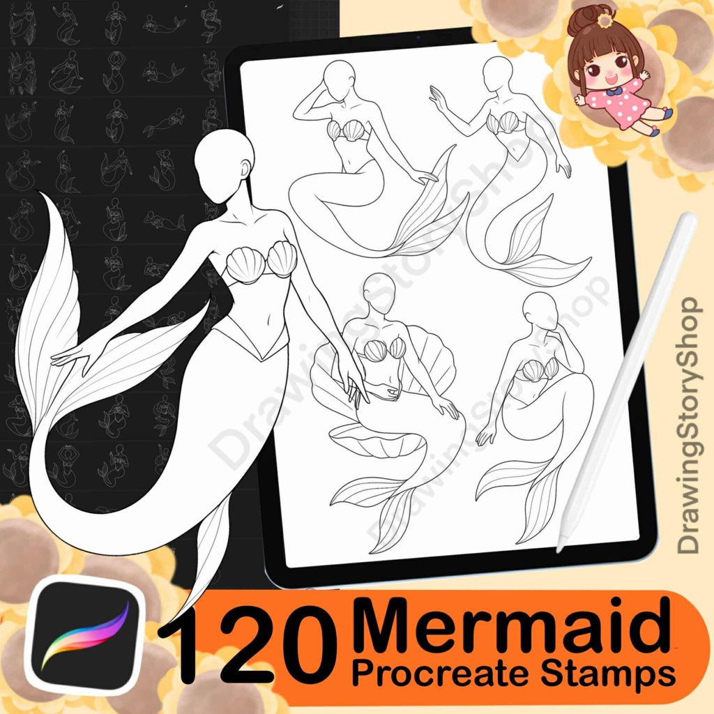 Procreate用マーメイドスタンプブラシ120種類、Procreateポーズブラシ、
