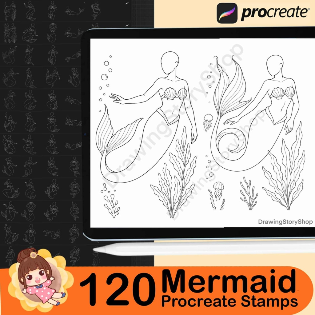 Procreate用マーメイドスタンプブラシ120種類、Procreateポーズブラシ、