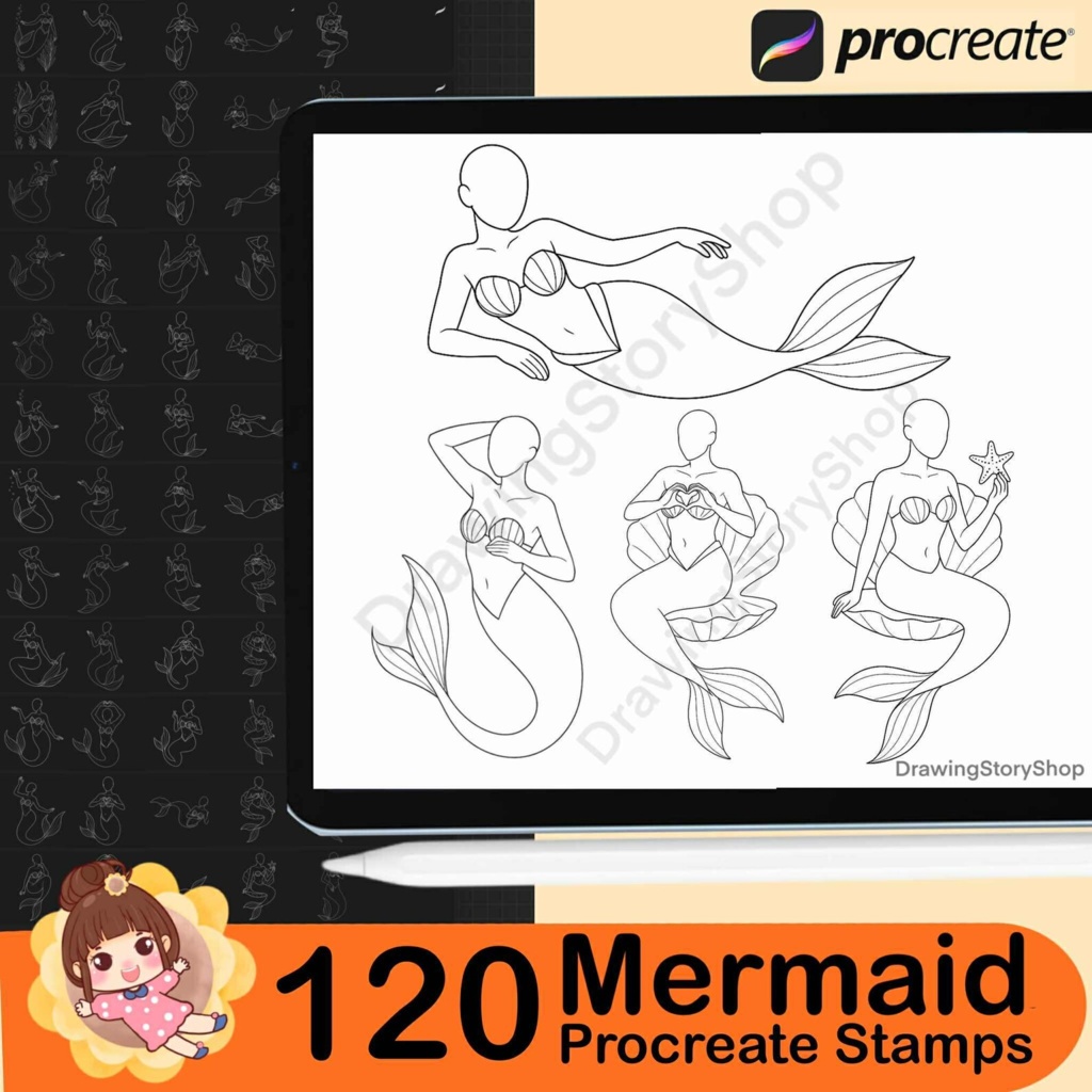 Procreate用マーメイドスタンプブラシ120種類、Procreateポーズブラシ、