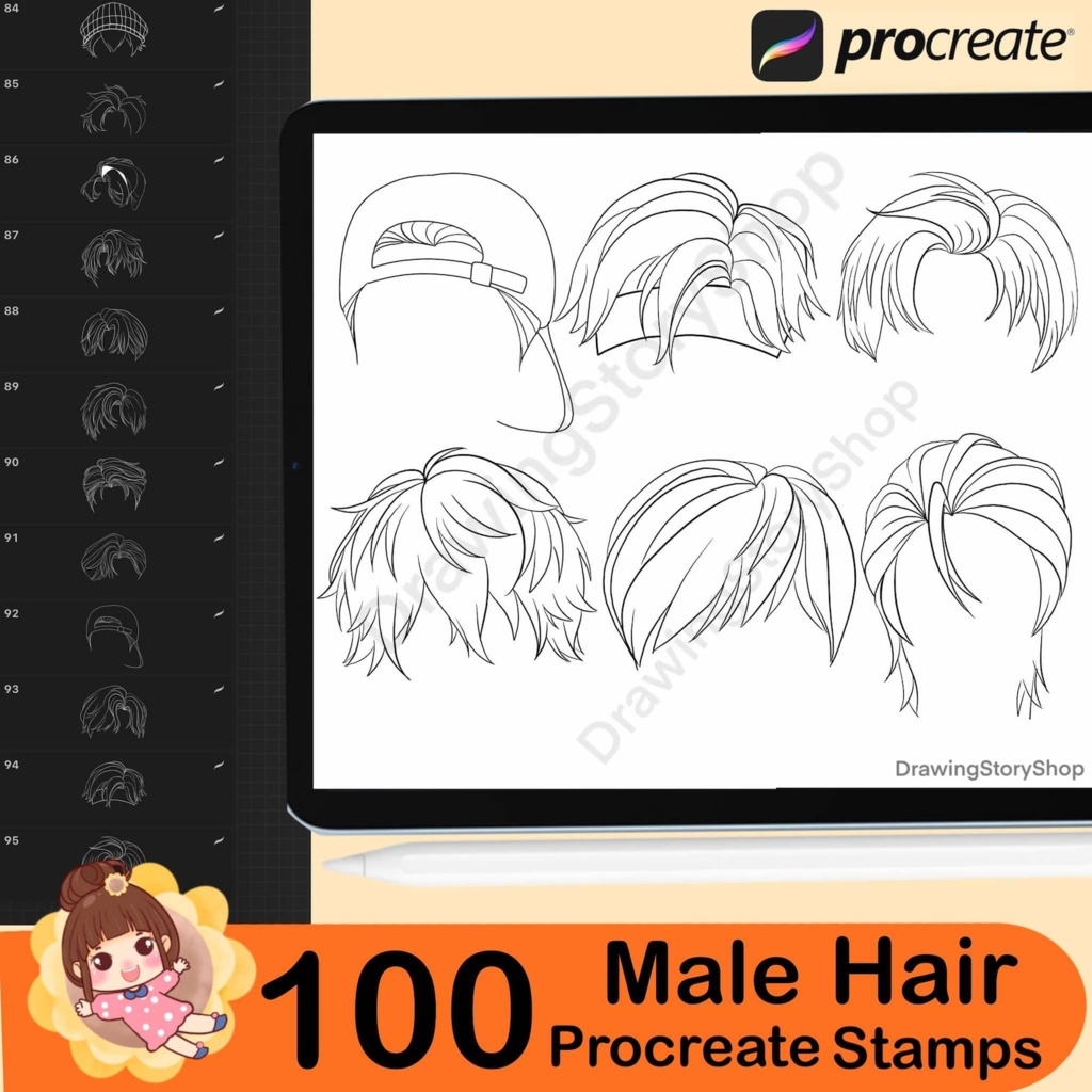 Procreate用ヘアスタンプ100個セット(アニメ風ヘア、男性用ヘアブラシセット)