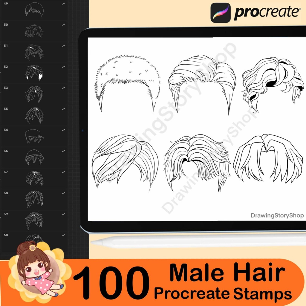 Procreate用ヘアスタンプ100個セット(アニメ風ヘア、男性用ヘアブラシセット)