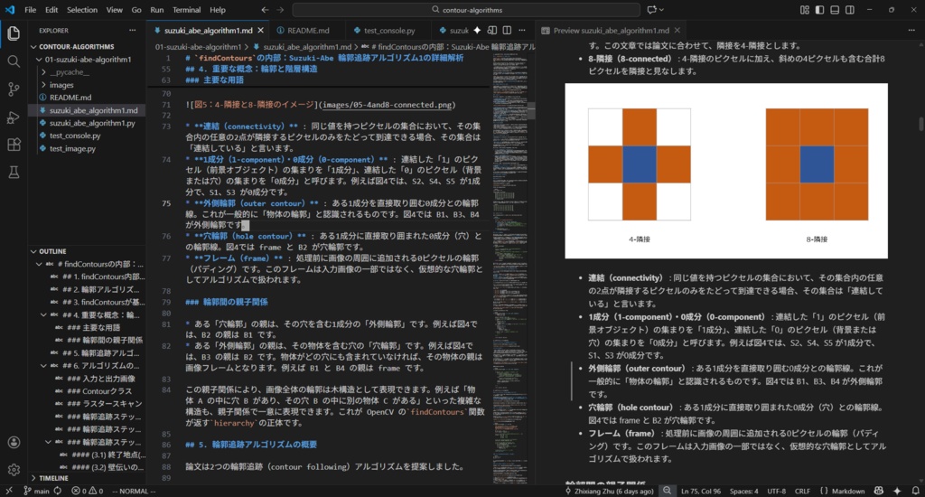 輪郭抽出アルゴリズムのPython実装:OpenCV不使用