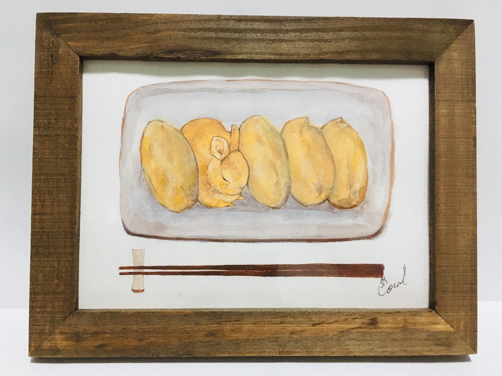 2L簡易額装済みアクリル原画「いきもの と たべもの」