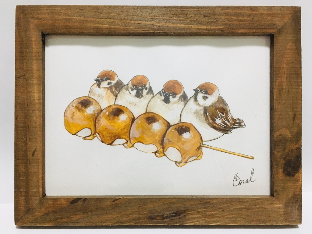 2L簡易額装済みアクリル原画「いきもの と たべもの」