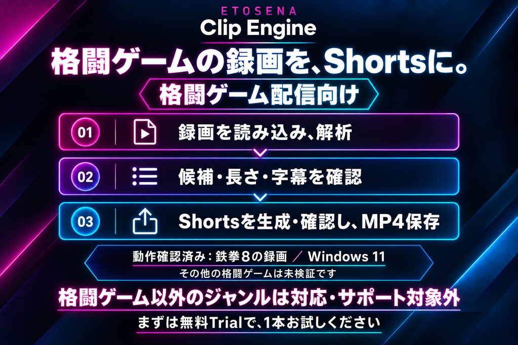 ETOSENA Clip Engine|AI配信切り抜き・縦Shorts作成ツール【Windows / ローカルAI / 買い切り】