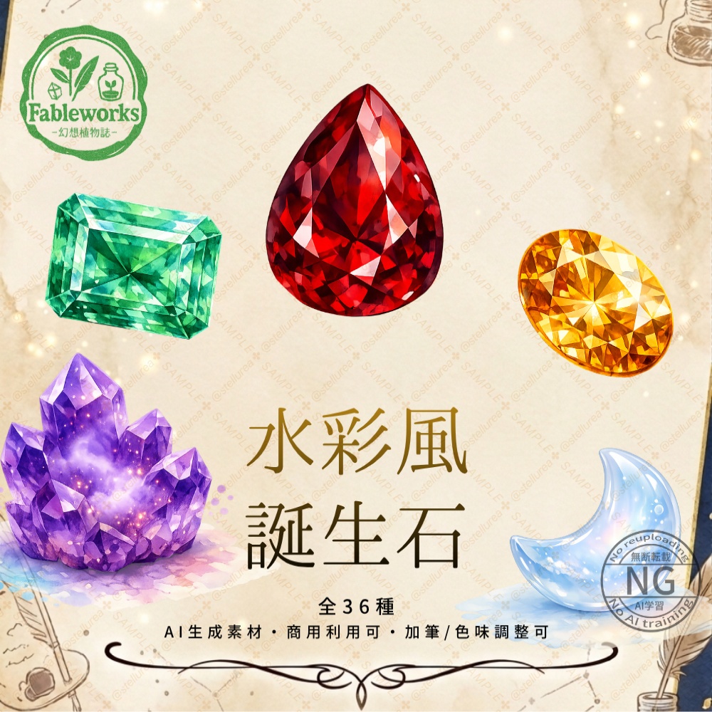 【AI素材】水彩幻想・誕生石素材集 36種【商用可/透過PNG】