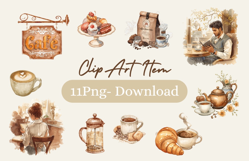 【カフェシリーズ】水彩アンティーク風 クリップアート10点セット｜PNG背景透過