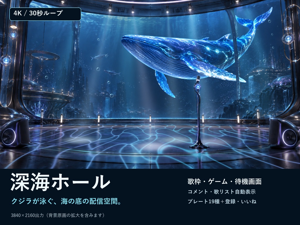 【4K・30秒ループ】深海ホール｜クジラが泳ぐ配信背景・歌枠・ゲーム・待機画面｜OBS