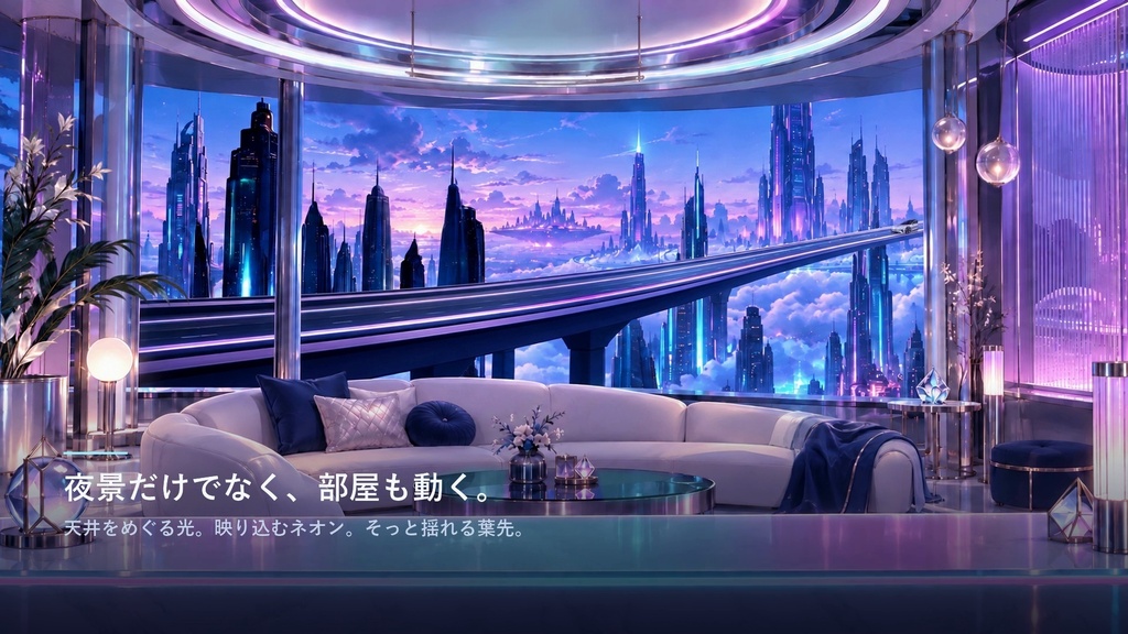【1080p・15秒ループ】ネオン天空ラウンジ|動く配信背景・浮遊ロゴの待機画面・装飾プレート20種|OBS