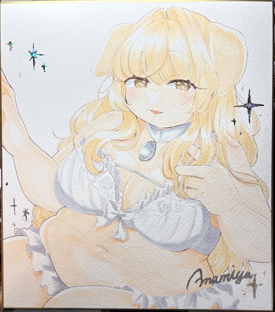 ぽっちゃり女の子の色紙【犬の女の子と白ランジェリー】