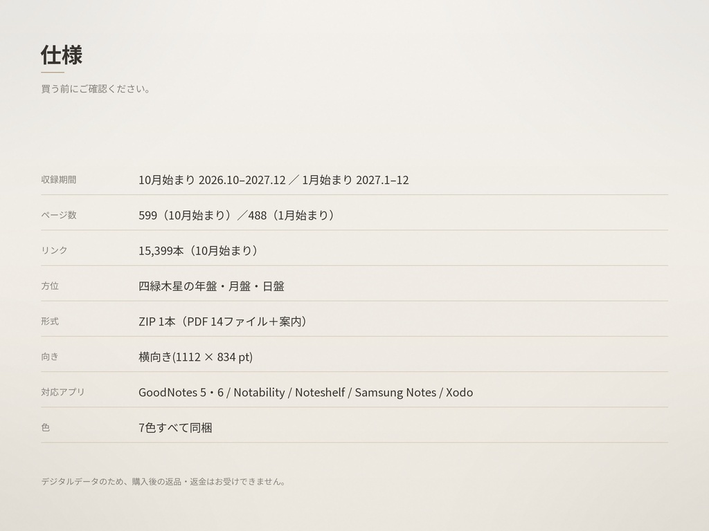 開運手帳2027 四緑木星版|あなたの吉方位が毎日わかるデジタル手帳|GoodNotes|7色・両始まり月