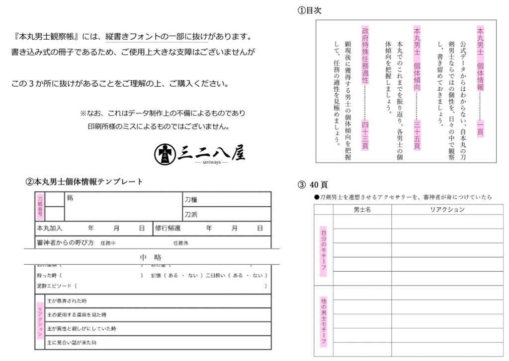 本丸男士観察帳(自本丸妄想書き込みノート)