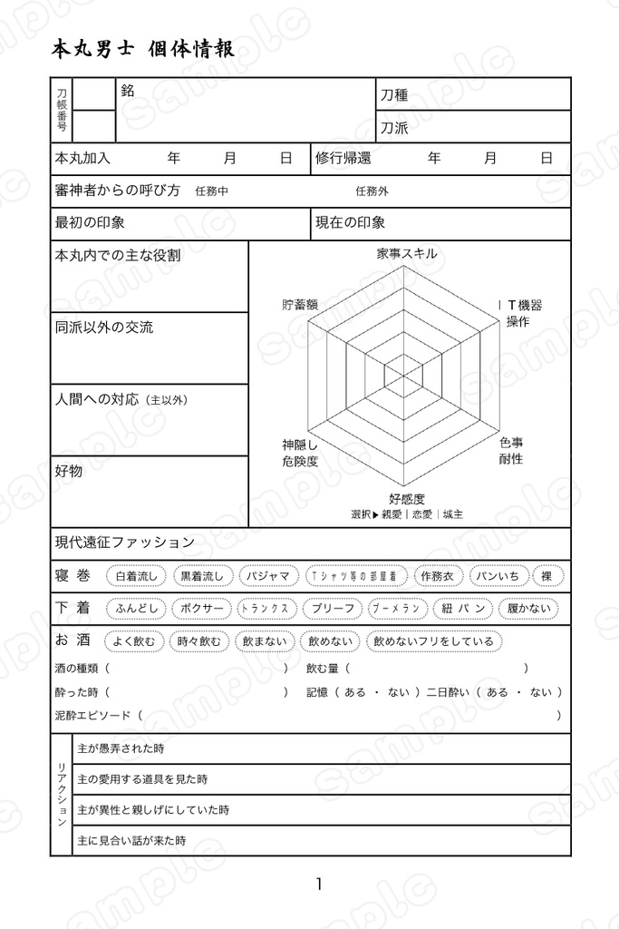 本丸男士観察帳(自本丸妄想書き込みノート)